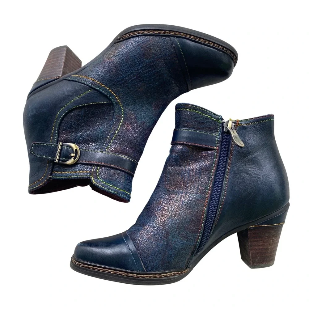 L'Artiste Spring Step Ankle Boots Women 37 Navy Leather Boho Artsy Eclectic